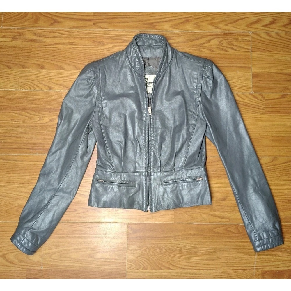 VINTAGE 70's GRAY GENUINE LEATHER CROPPED BIKER MOTO JACKET SIZE 8